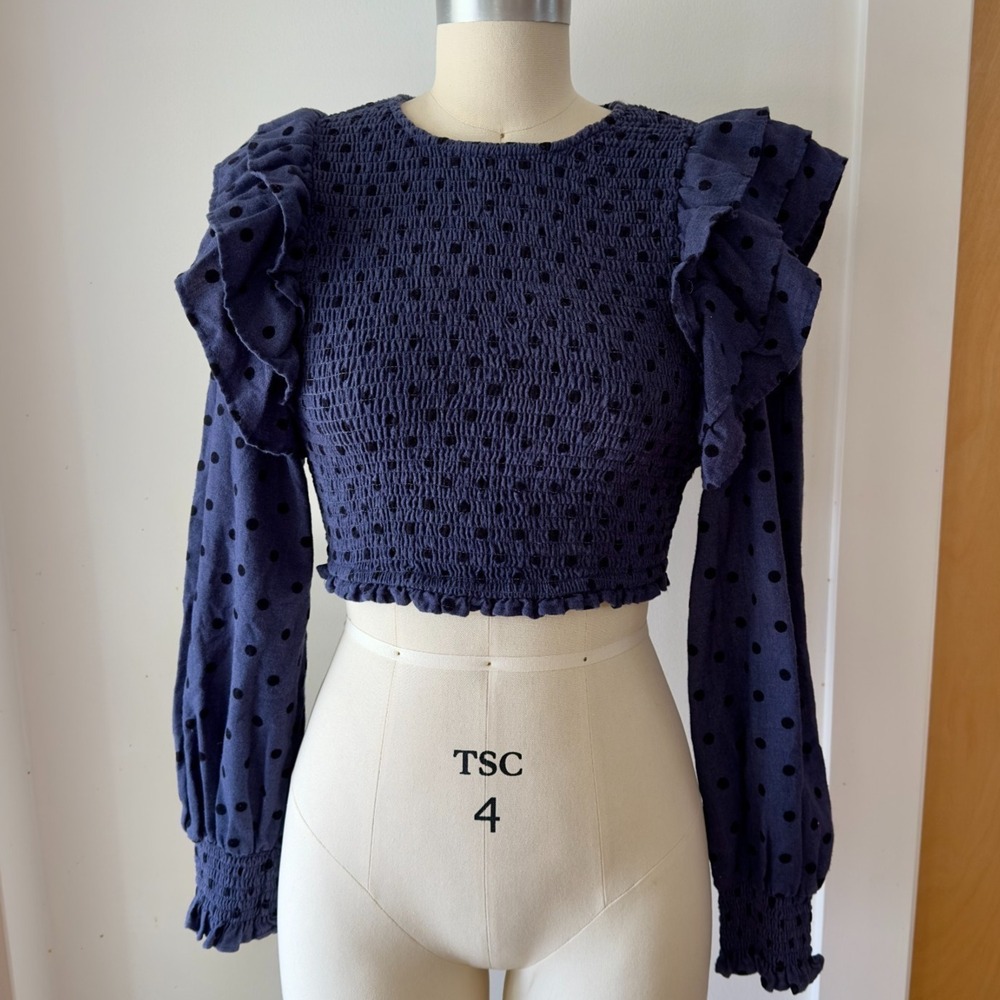 ZARA Polka Dot Smocked Ruffle Crop Top-Long Balloon Sleeve-Boho Festival-Blue - Picture 1 of 16
